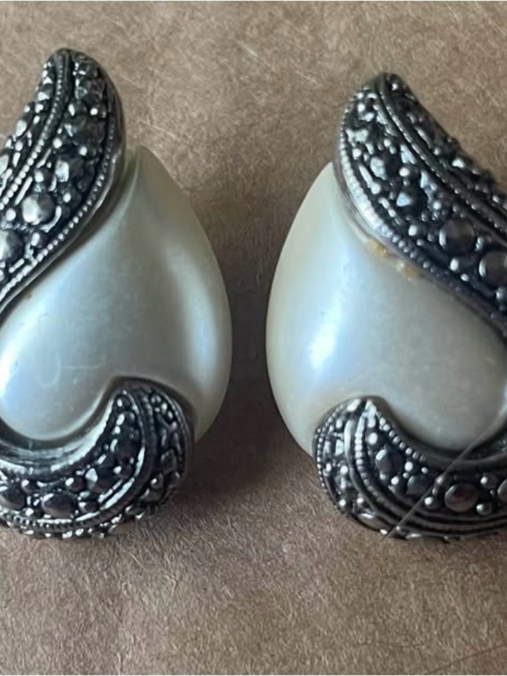 Pearl Teardrop Clip-On Earrings with Ornate Silver-Tone Accents - White